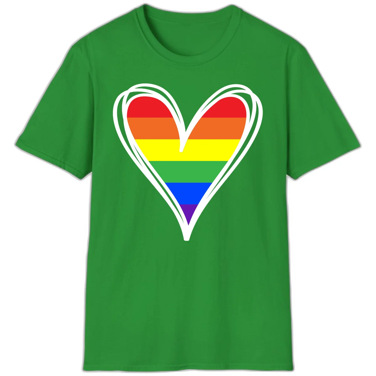 Rainbow heart pride design with horizontal stripes in red, orange, yellow, green, blue, and purple colors outlined in white in Irish Green