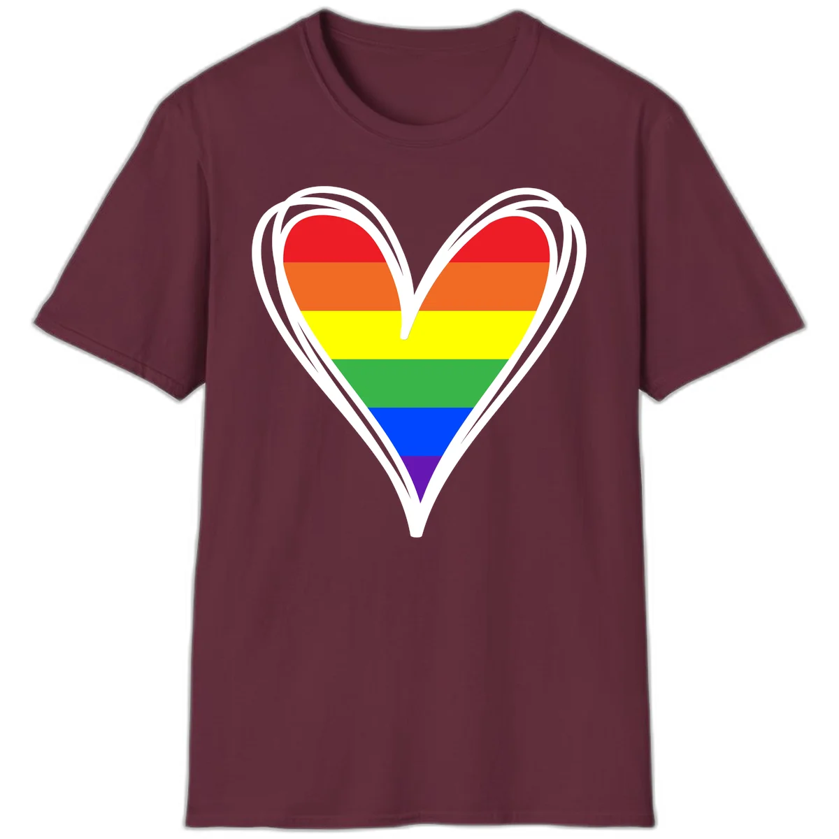 Rainbow heart pride design with horizontal stripes in red, orange, yellow, green, blue, and purple colors outlined in white in Maroon