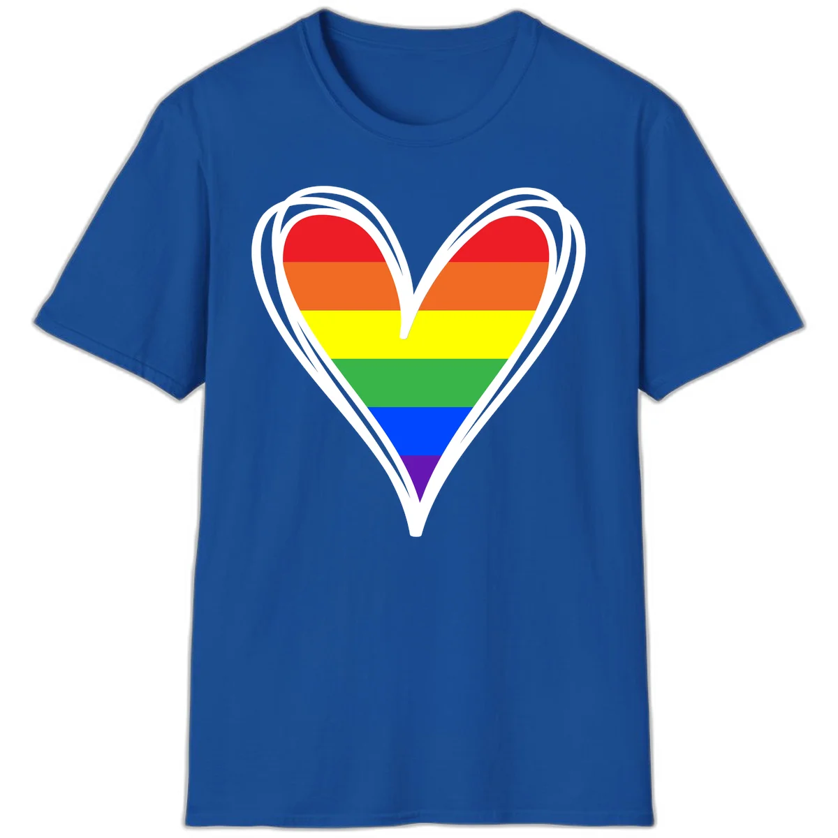 Rainbow heart pride design with horizontal stripes in red, orange, yellow, green, blue, and purple colors outlined in white in Royal