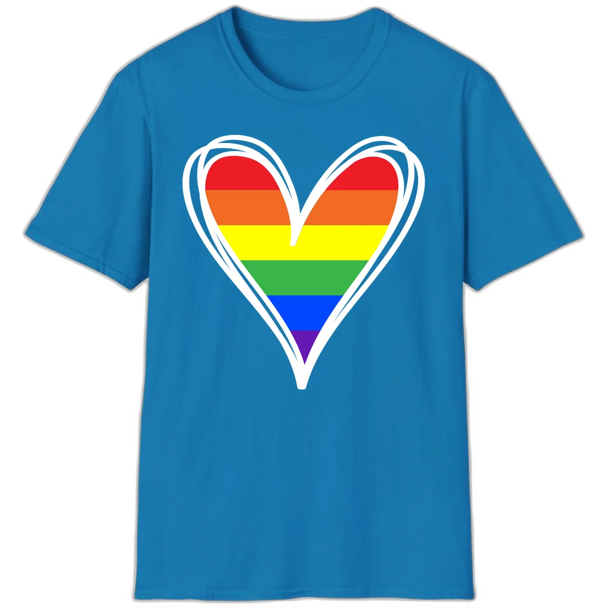 Rainbow heart pride design with horizontal stripes in red, orange, yellow, green, blue, and purple colors outlined in white in Sapphire
