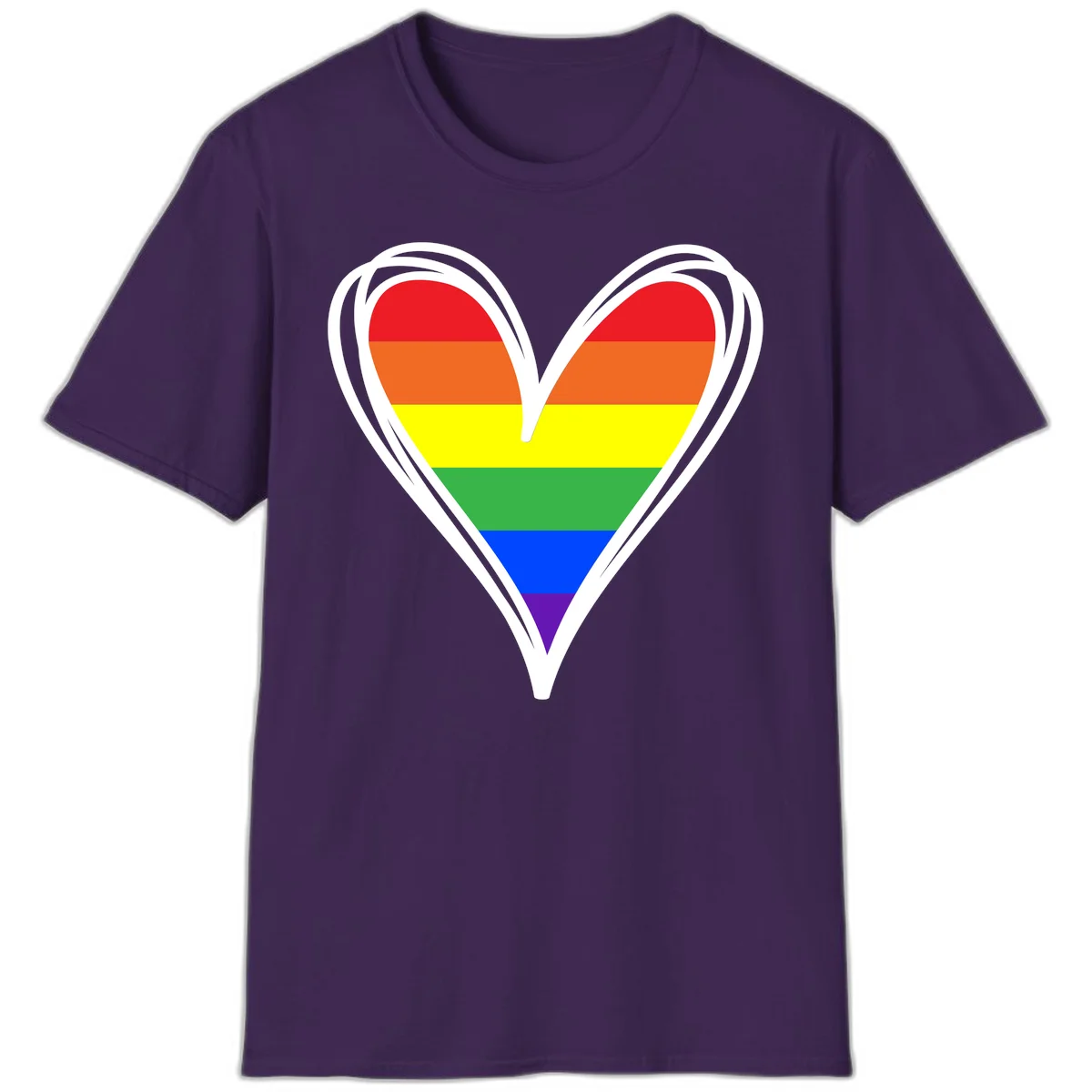 Rainbow heart pride design with horizontal stripes in red, orange, yellow, green, blue, and purple colors outlined in white in Purple