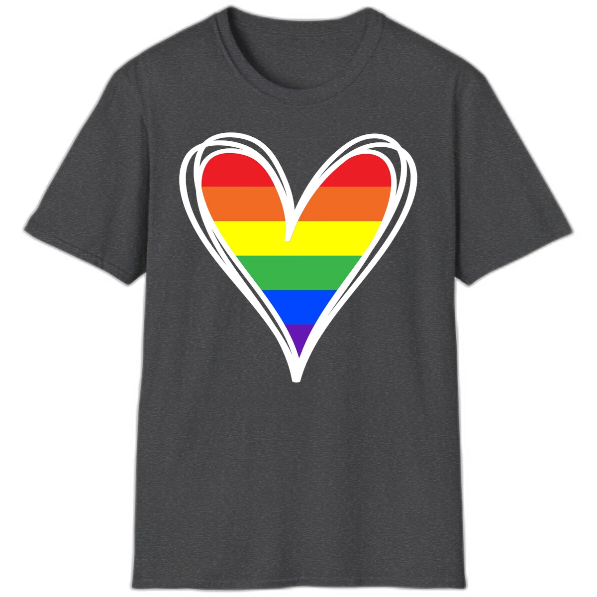 Rainbow heart pride design with horizontal stripes in red, orange, yellow, green, blue, and purple colors outlined in white in Dark Heather
