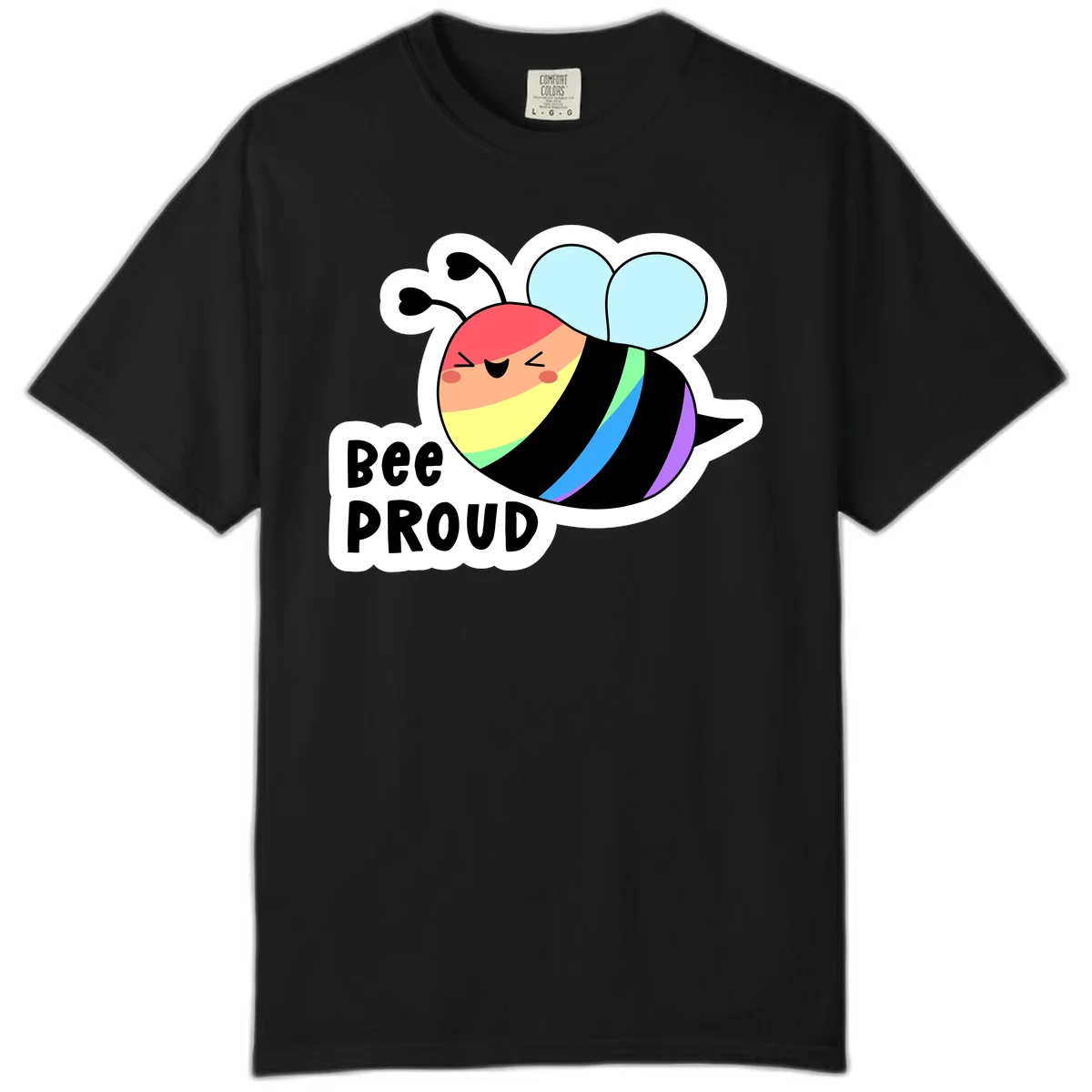 Cartoon bee with rainbow stripes and 'Bee PROUD' text celebrating LGBTQ+ pride in Black