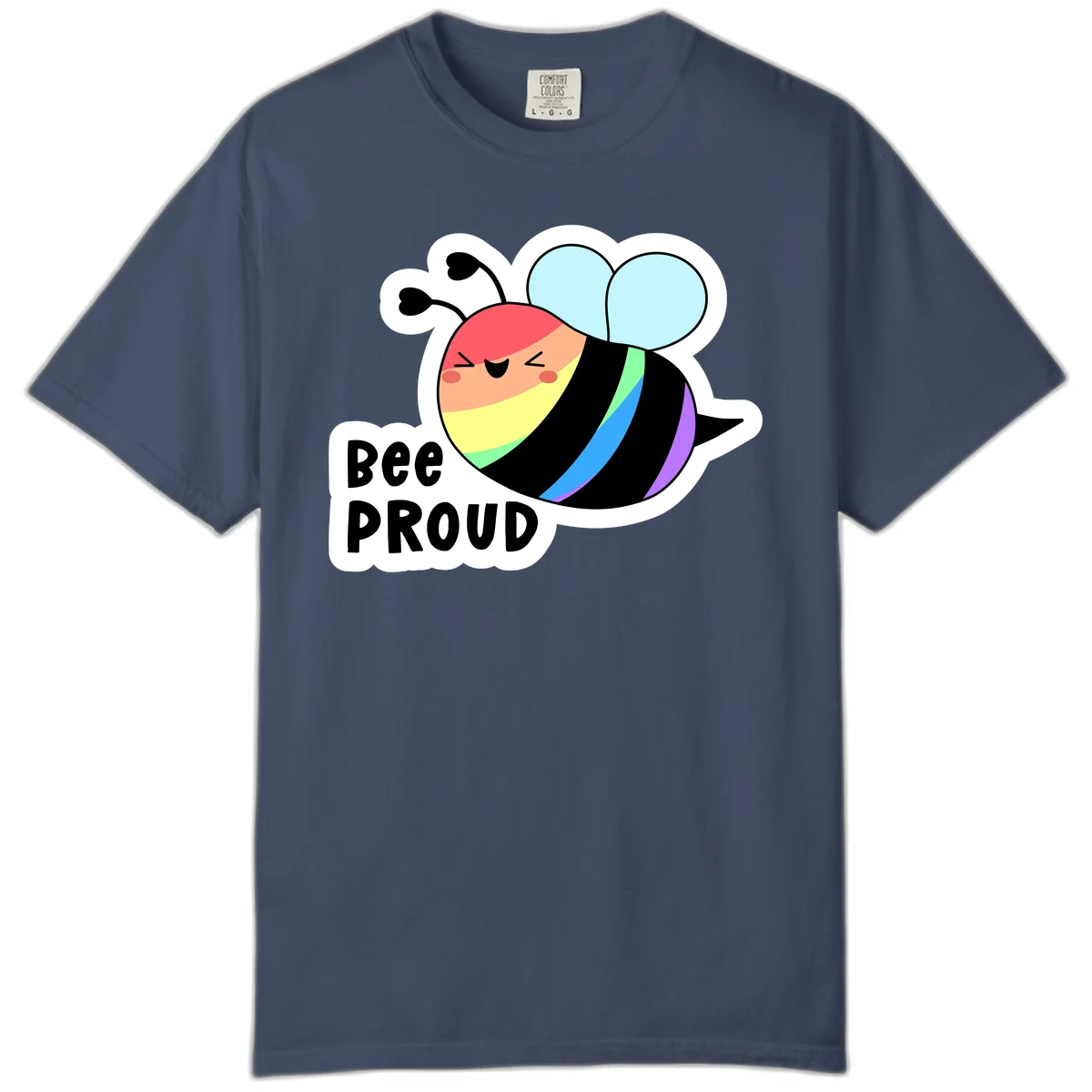 Cartoon bee with rainbow stripes and 'Bee PROUD' text celebrating LGBTQ+ pride in Midnight