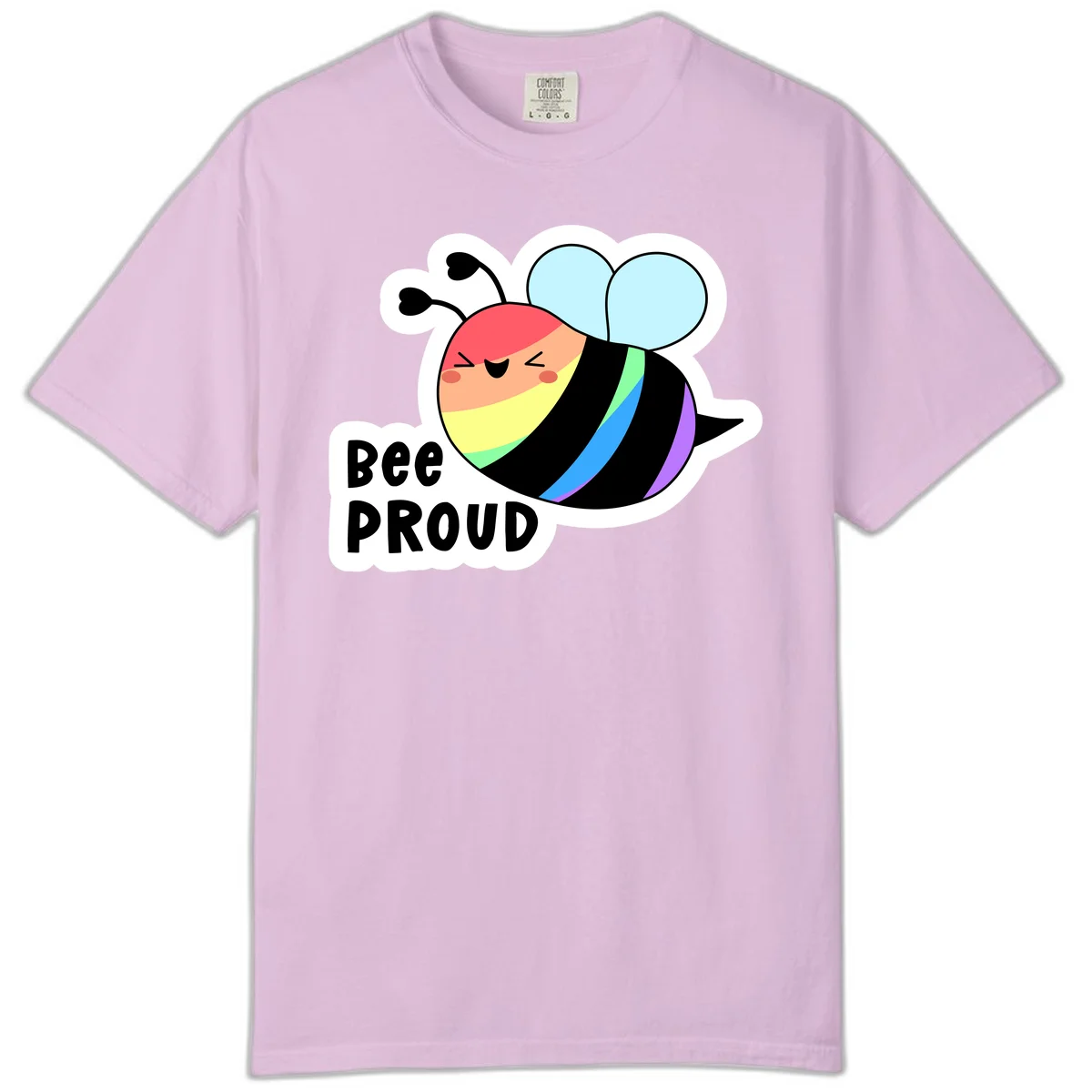Cartoon bee with rainbow stripes and 'Bee PROUD' text celebrating LGBTQ+ pride in Orchid