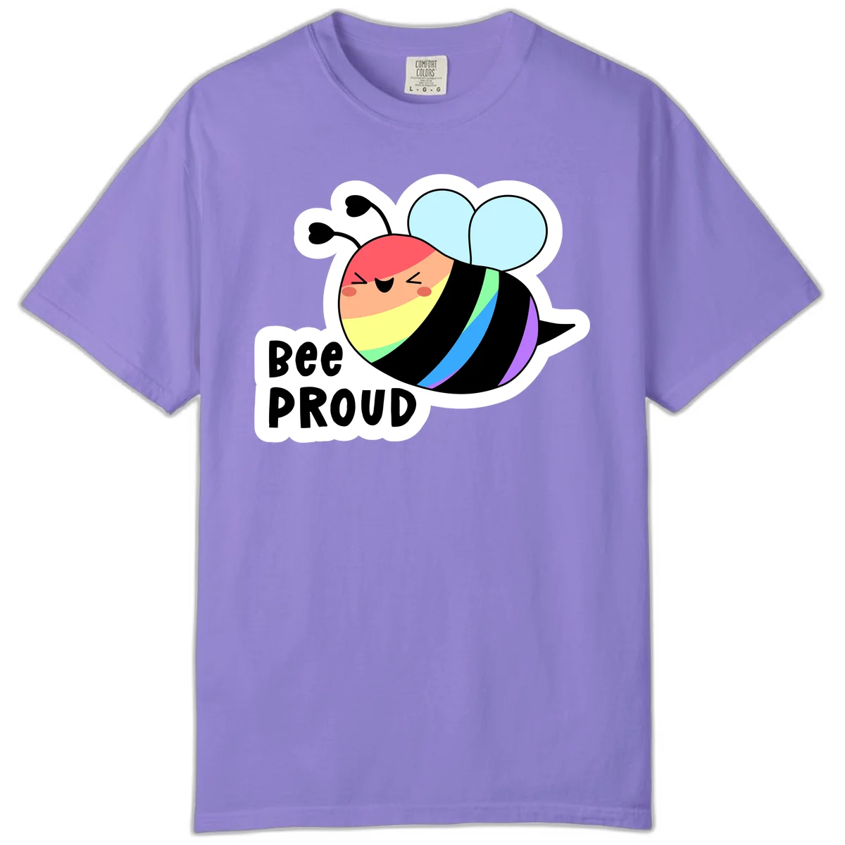Cartoon bee with rainbow stripes and 'Bee PROUD' text celebrating LGBTQ+ pride in Violet