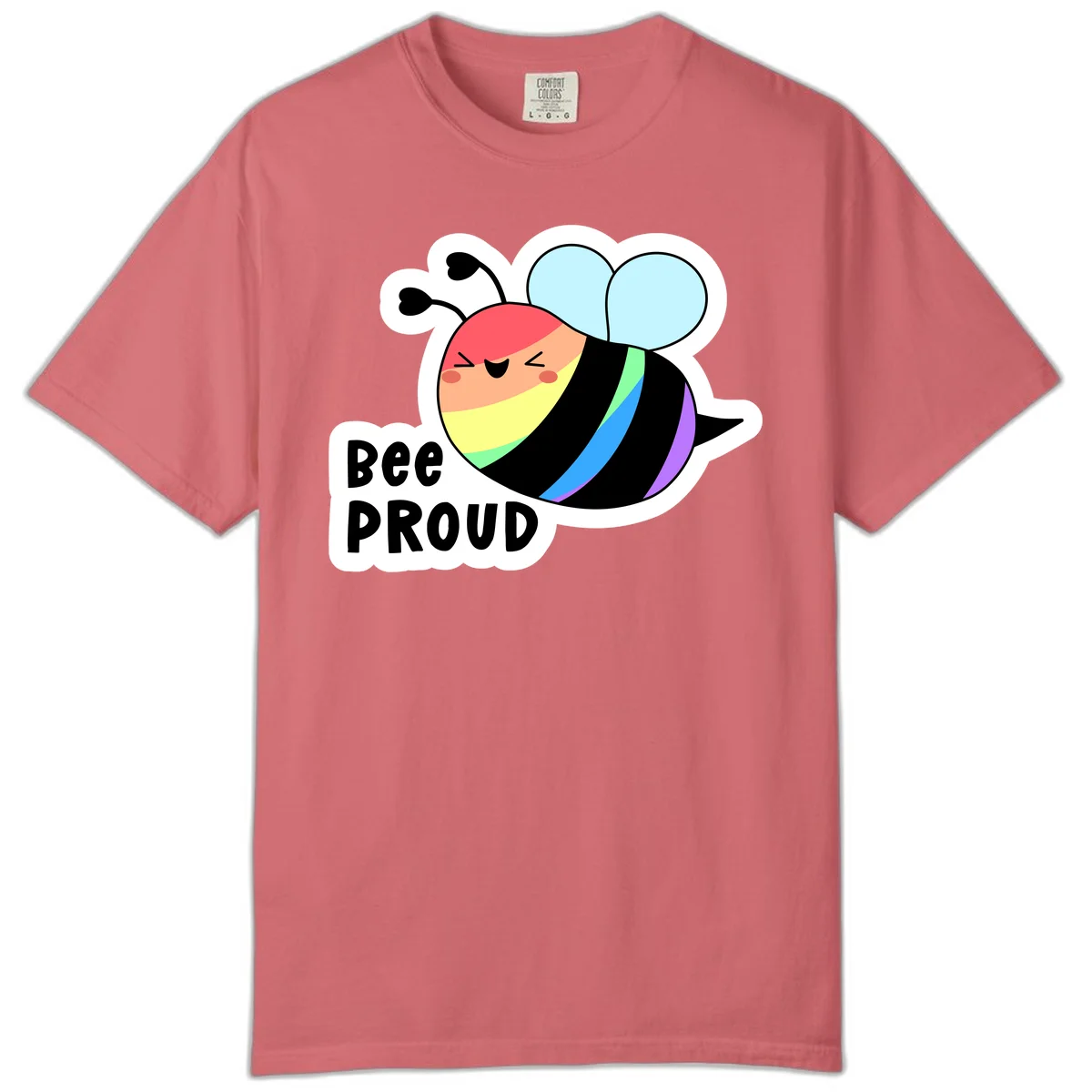 Cartoon bee with rainbow stripes and 'Bee PROUD' text celebrating LGBTQ+ pride in Watermelon