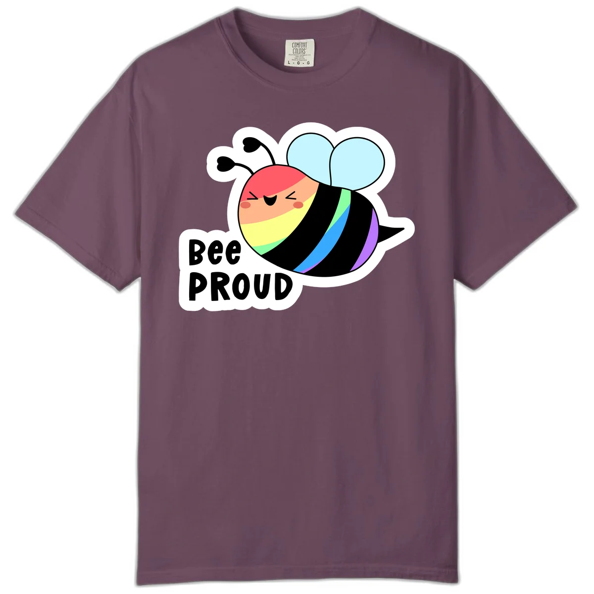 Cartoon bee with rainbow stripes and 'Bee PROUD' text celebrating LGBTQ+ pride in Berry