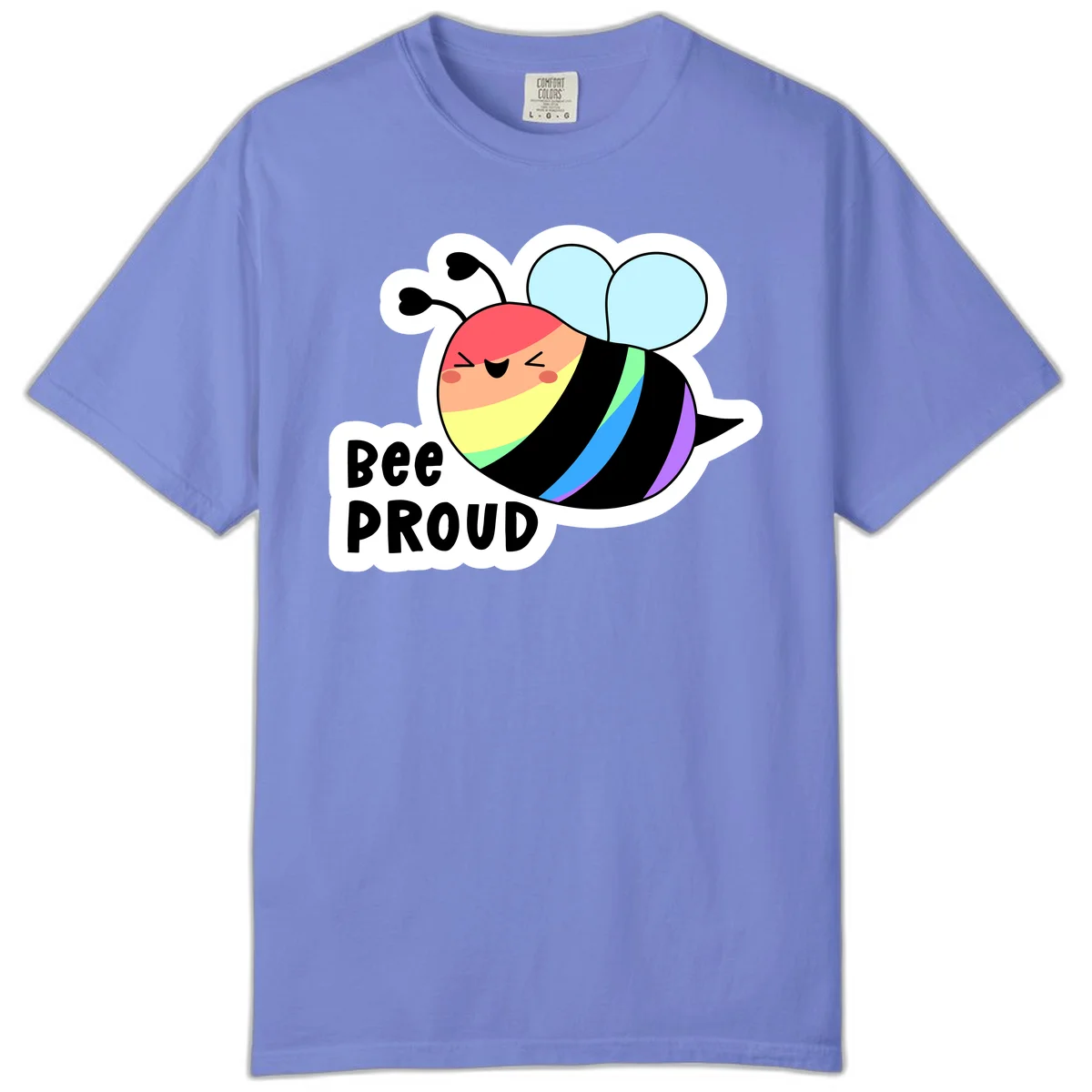 Cartoon bee with rainbow stripes and 'Bee PROUD' text celebrating LGBTQ+ pride in Flo Blue