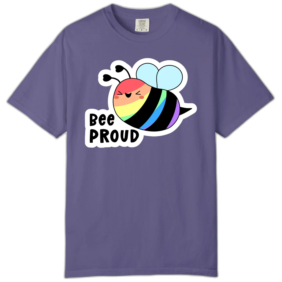 Cartoon bee with rainbow stripes and 'Bee PROUD' text celebrating LGBTQ+ pride in Grape