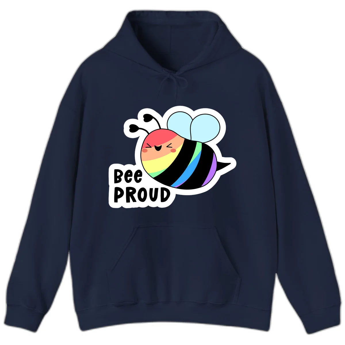 Cartoon bee with rainbow stripes and 'Bee PROUD' text celebrating LGBTQ+ pride in Navy