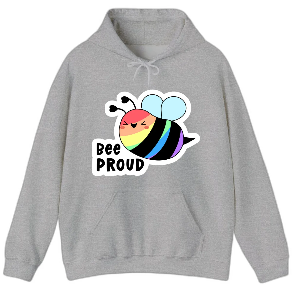 Cartoon bee with rainbow stripes and 'Bee PROUD' text celebrating LGBTQ+ pride in Sport Grey