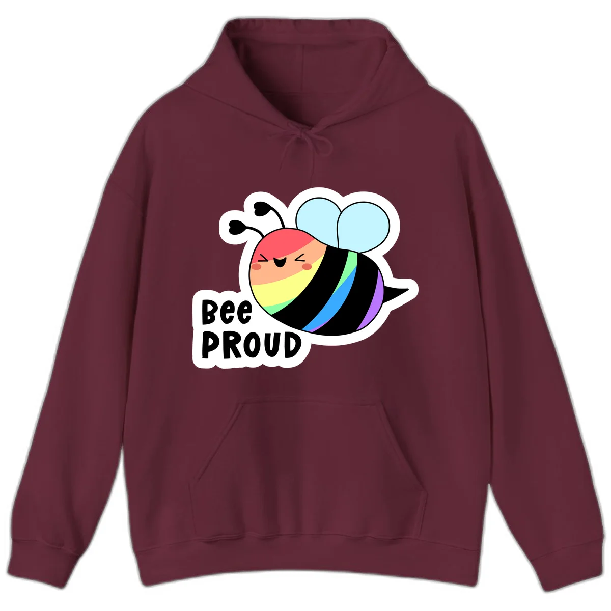 Cartoon bee with rainbow stripes and 'Bee PROUD' text celebrating LGBTQ+ pride in Maroon