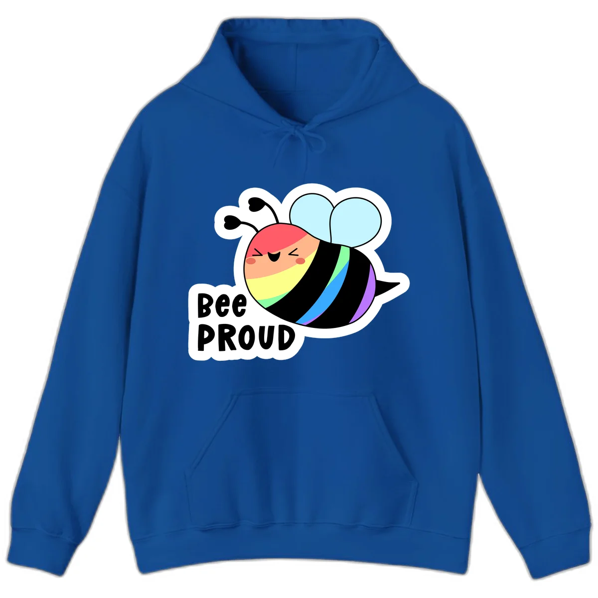 Cartoon bee with rainbow stripes and 'Bee PROUD' text celebrating LGBTQ+ pride in Royal