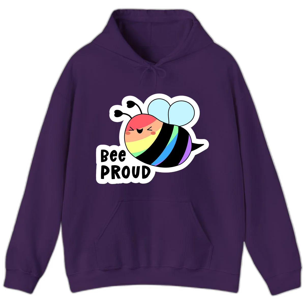 Cartoon bee with rainbow stripes and 'Bee PROUD' text celebrating LGBTQ+ pride in Purple