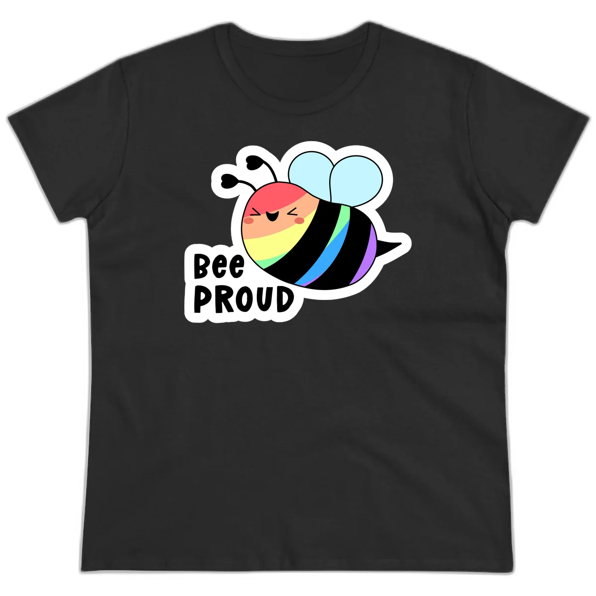 Cartoon bee with rainbow stripes and 'Bee PROUD' text celebrating LGBTQ+ pride in Black