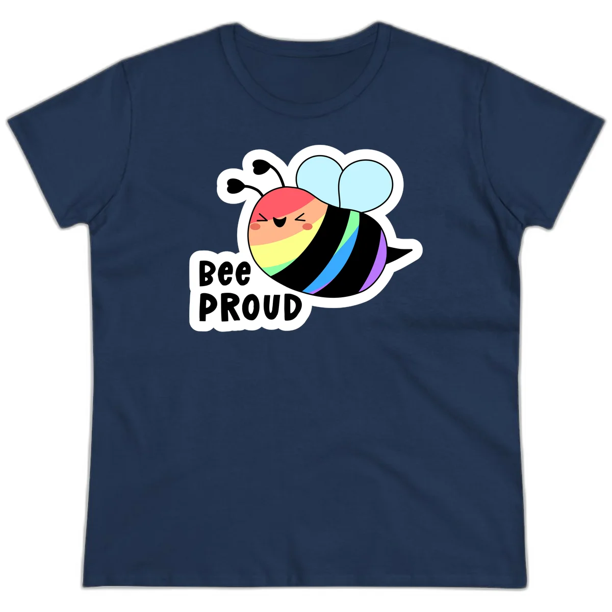 Cartoon bee with rainbow stripes and 'Bee PROUD' text celebrating LGBTQ+ pride in Navy