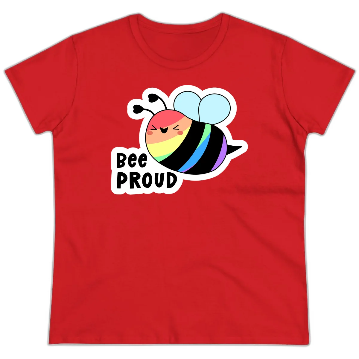 Cartoon bee with rainbow stripes and 'Bee PROUD' text celebrating LGBTQ+ pride in Red