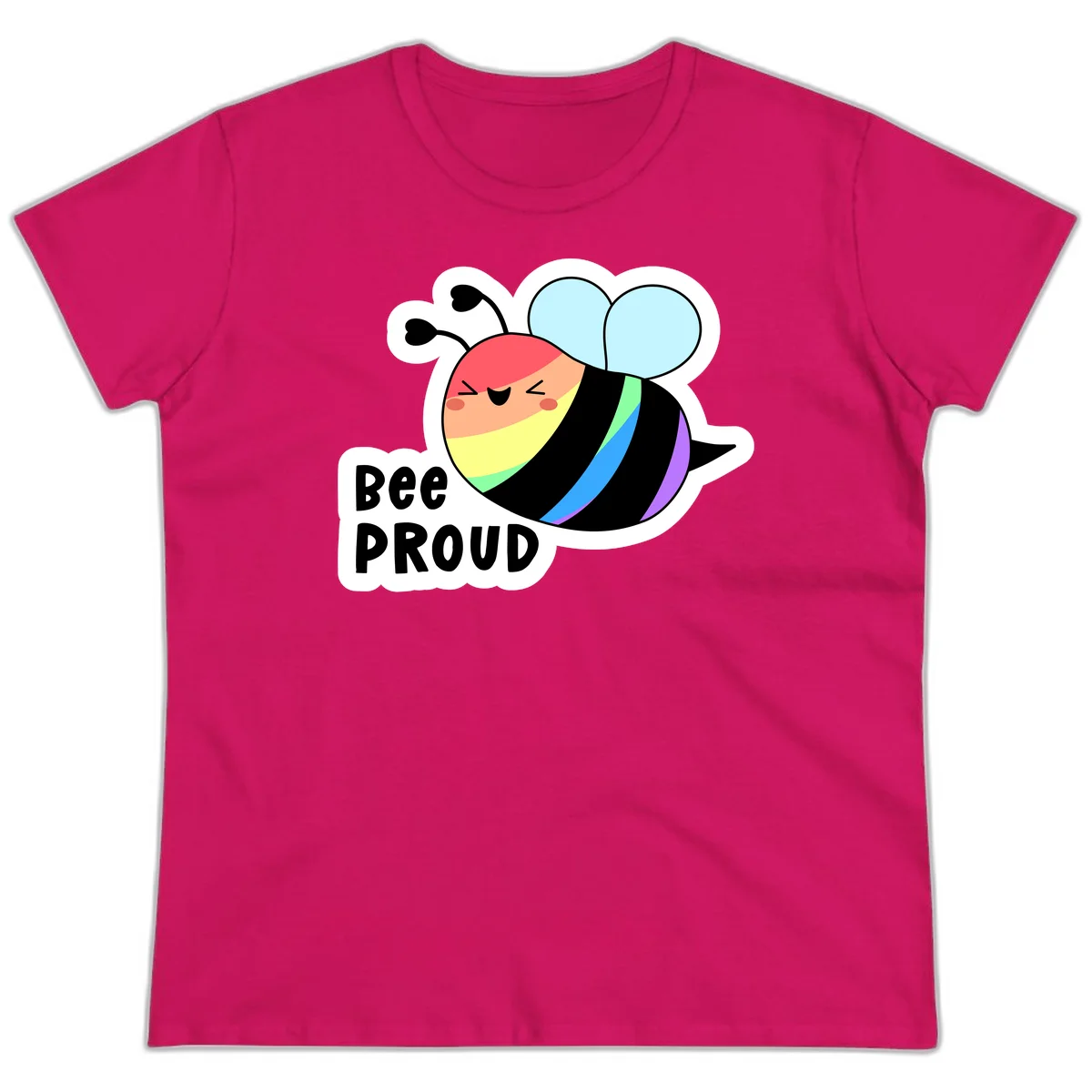 Cartoon bee with rainbow stripes and 'Bee PROUD' text celebrating LGBTQ+ pride in Heliconia