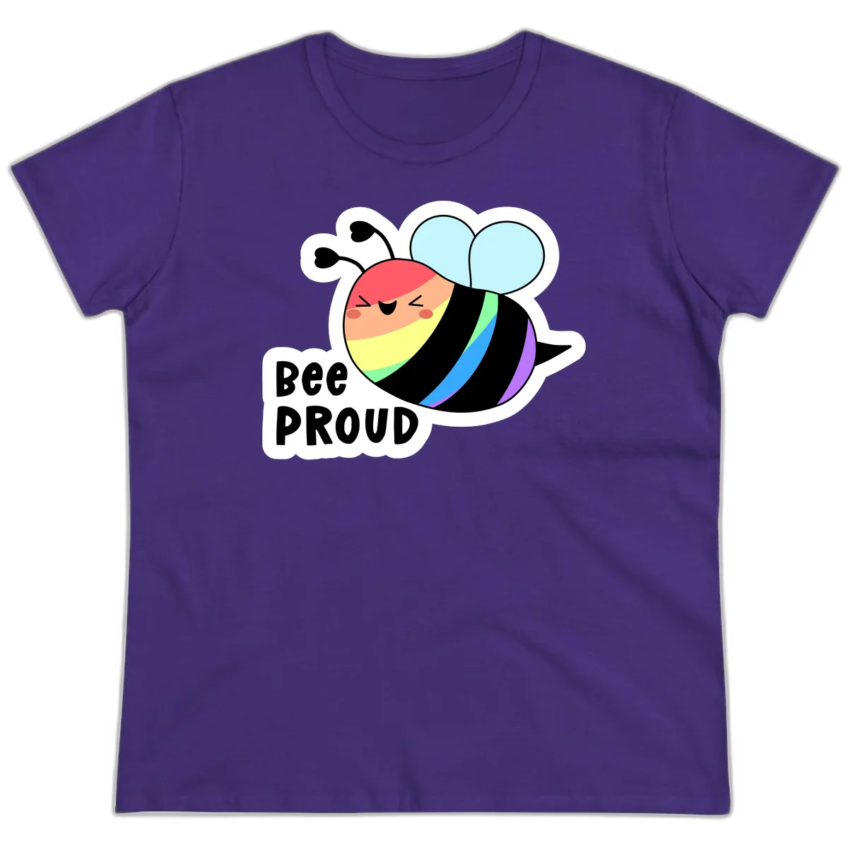 Cartoon bee with rainbow stripes and 'Bee PROUD' text celebrating LGBTQ+ pride in Purple