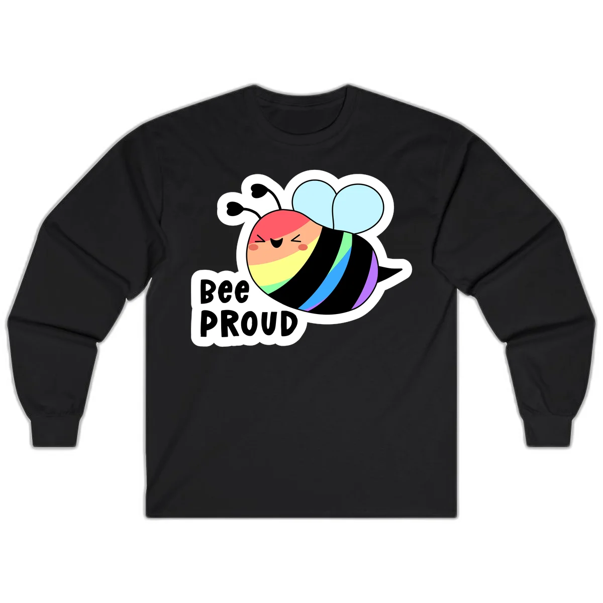 Cartoon bee with rainbow stripes and 'Bee PROUD' text celebrating LGBTQ+ pride in Black