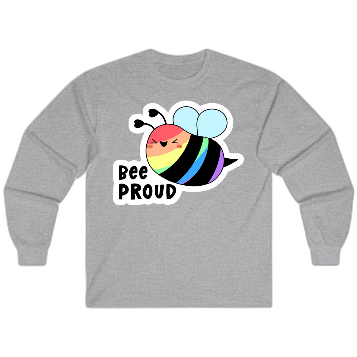 Cartoon bee with rainbow stripes and 'Bee PROUD' text celebrating LGBTQ+ pride in Sport Grey