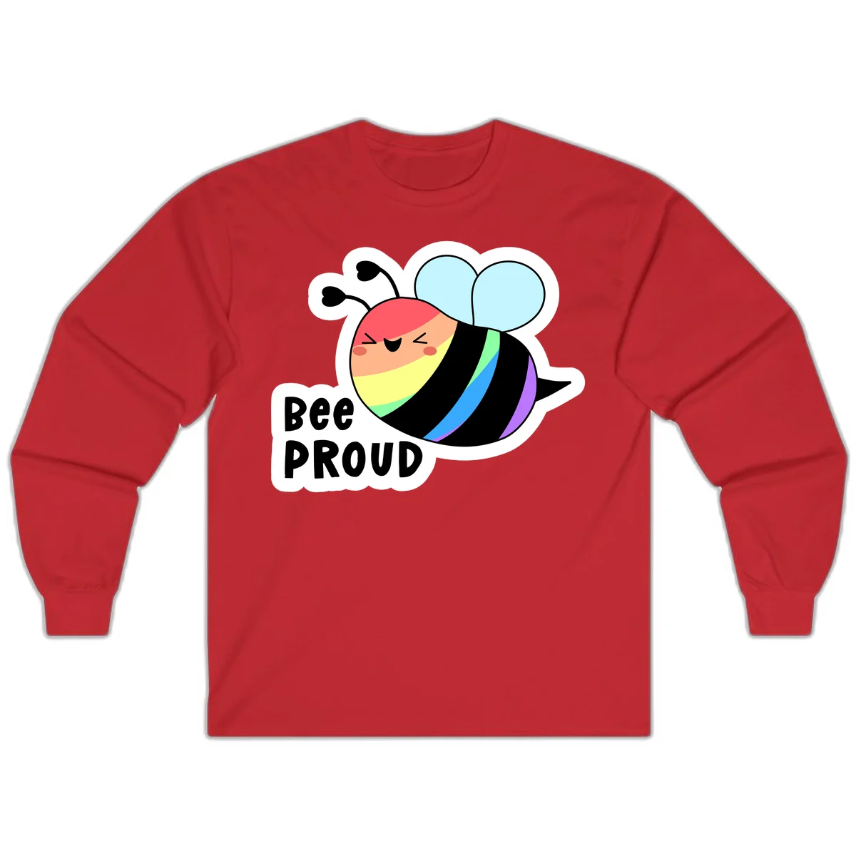 Cartoon bee with rainbow stripes and 'Bee PROUD' text celebrating LGBTQ+ pride in Red