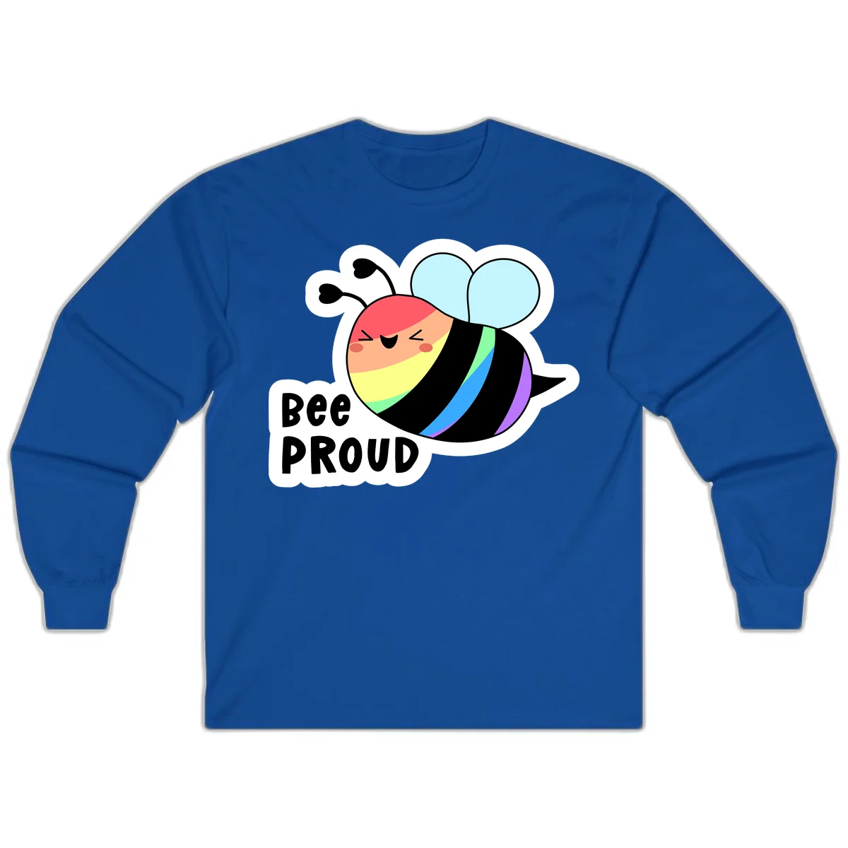 Cartoon bee with rainbow stripes and 'Bee PROUD' text celebrating LGBTQ+ pride in Royal