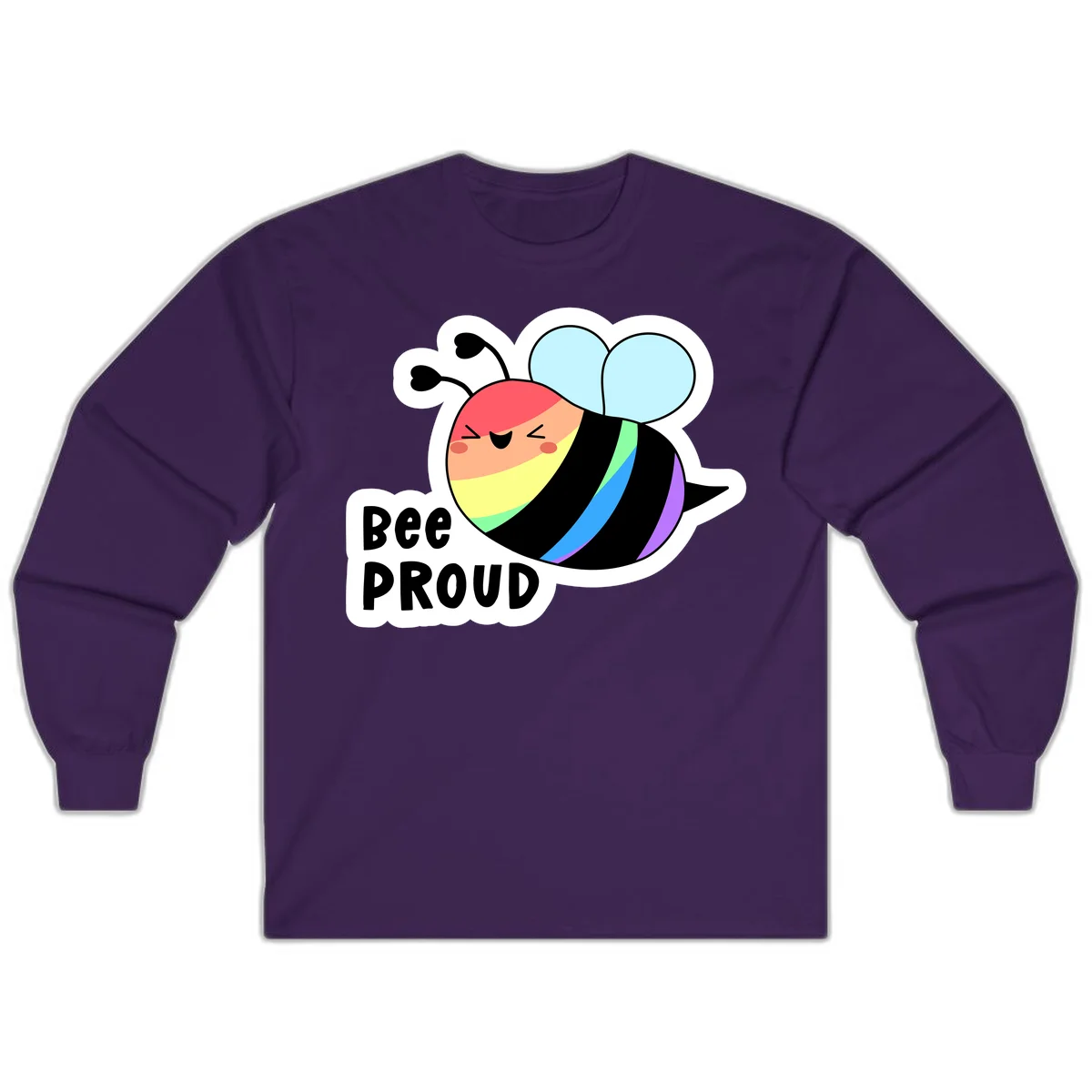 Cartoon bee with rainbow stripes and 'Bee PROUD' text celebrating LGBTQ+ pride in Purple
