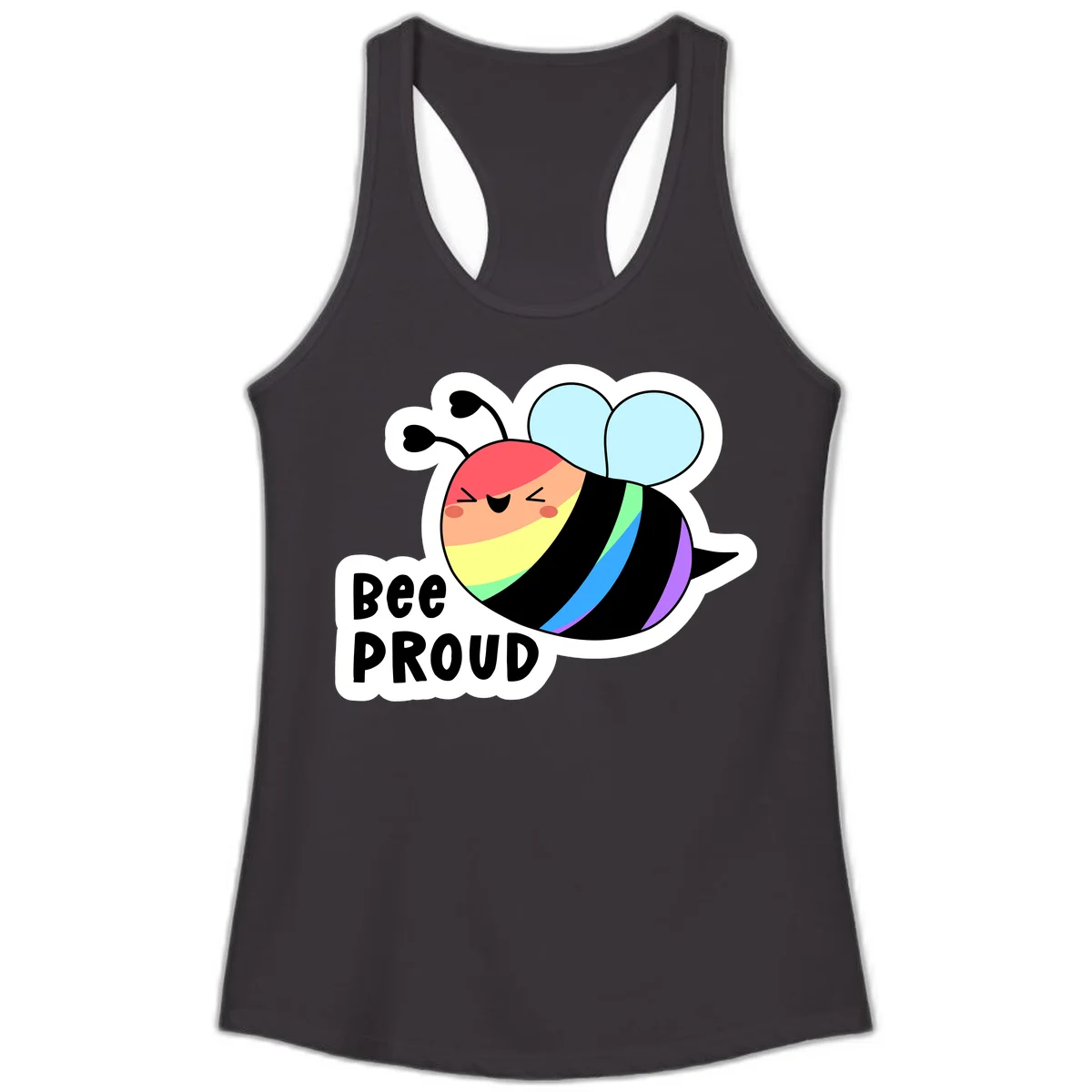 Cartoon bee with rainbow stripes and 'Bee PROUD' text celebrating LGBTQ+ pride in Black
