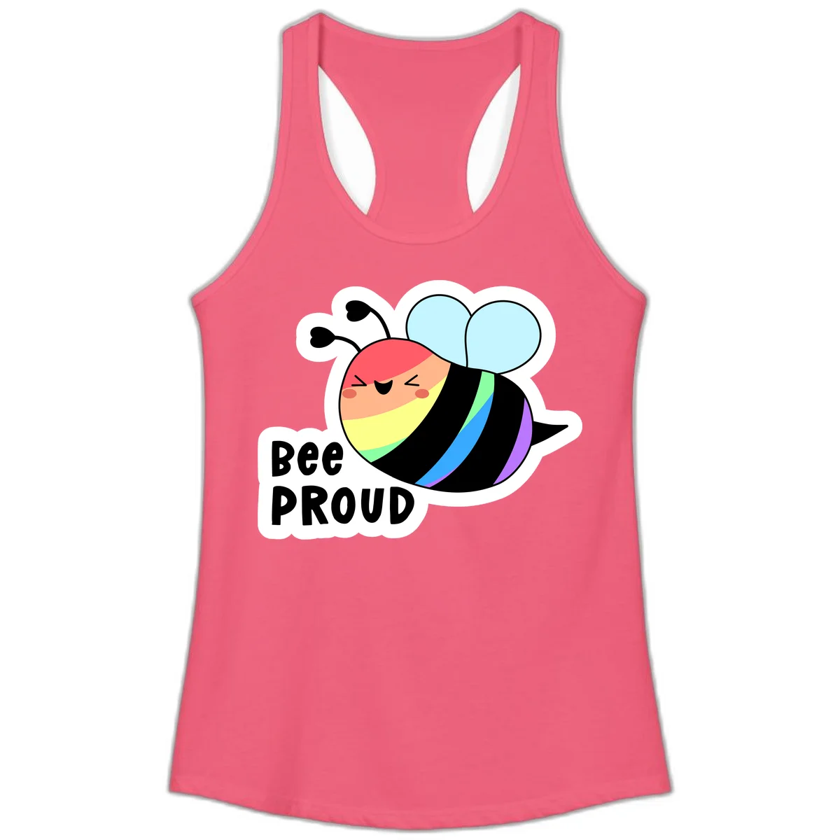 Cartoon bee with rainbow stripes and 'Bee PROUD' text celebrating LGBTQ+ pride in Hot Pink