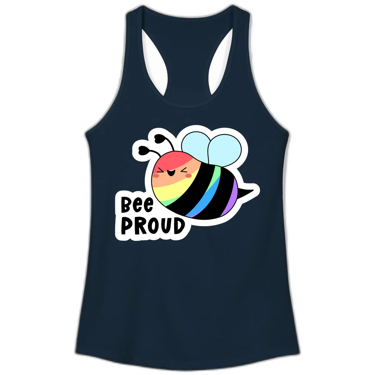 Cartoon bee with rainbow stripes and 'Bee PROUD' text celebrating LGBTQ+ pride in Solid Midnight Navy
