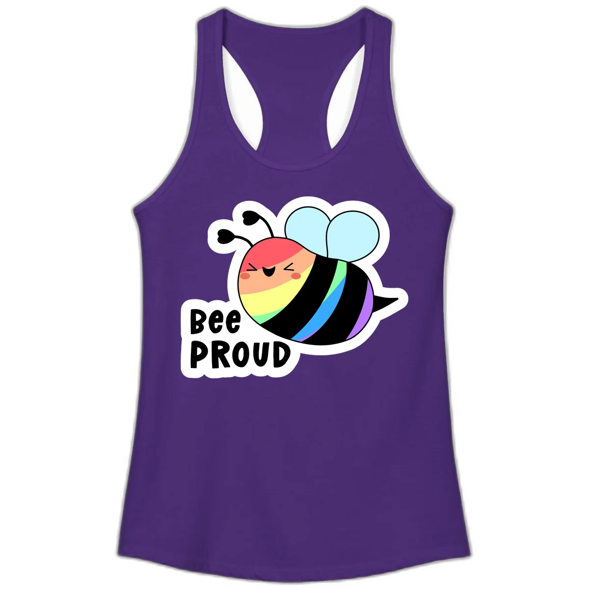Cartoon bee with rainbow stripes and 'Bee PROUD' text celebrating LGBTQ+ pride in Solid Purple Rush
