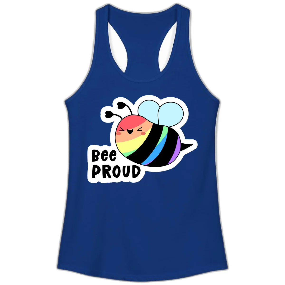 Cartoon bee with rainbow stripes and 'Bee PROUD' text celebrating LGBTQ+ pride in Solid Royal