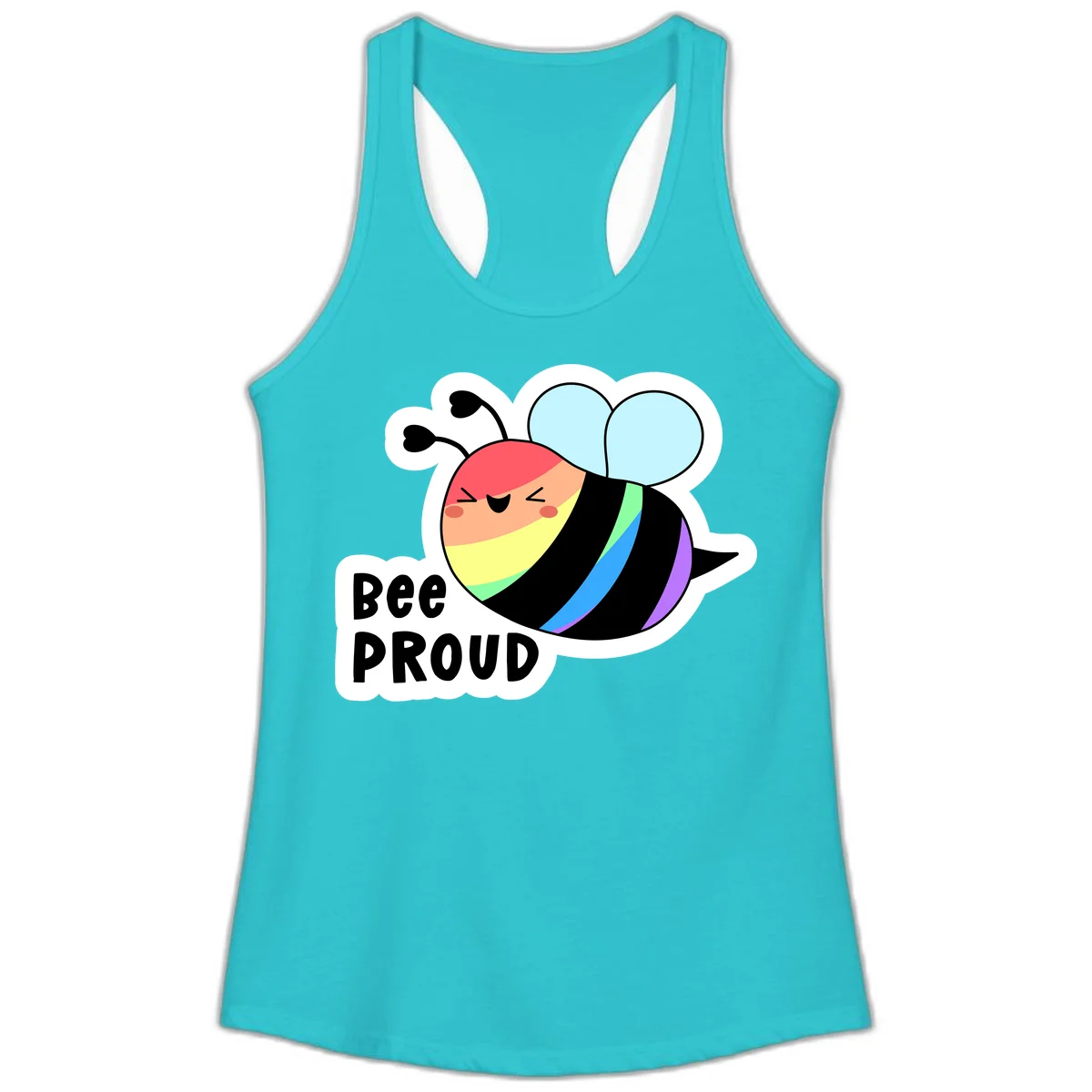 Cartoon bee with rainbow stripes and 'Bee PROUD' text celebrating LGBTQ+ pride in Solid Tahiti Blue