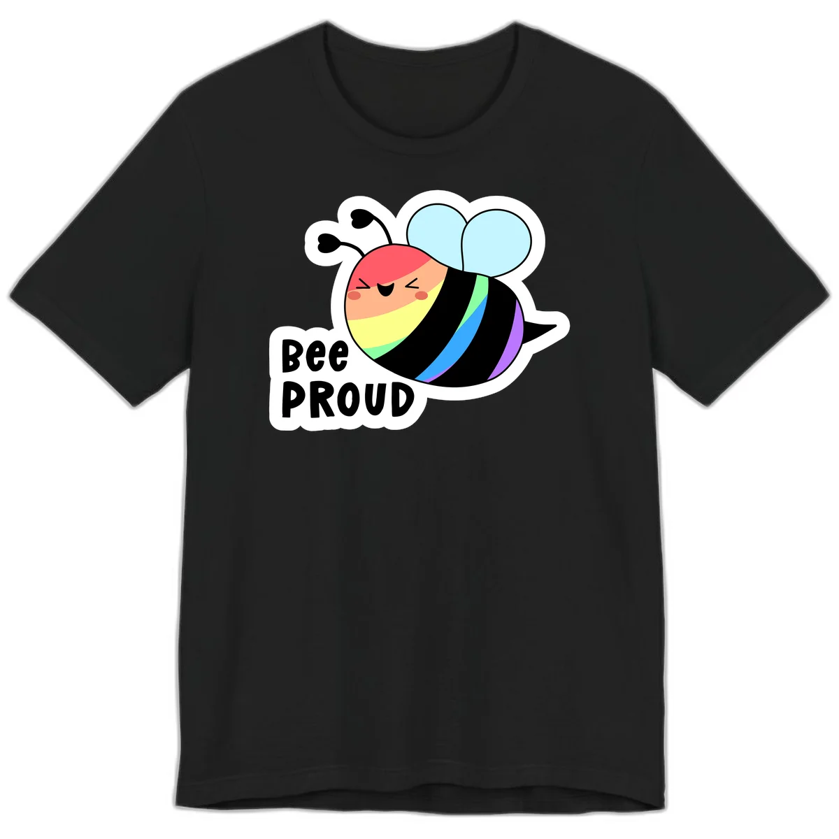 Cartoon bee with rainbow stripes and 'Bee PROUD' text celebrating LGBTQ+ pride in Black