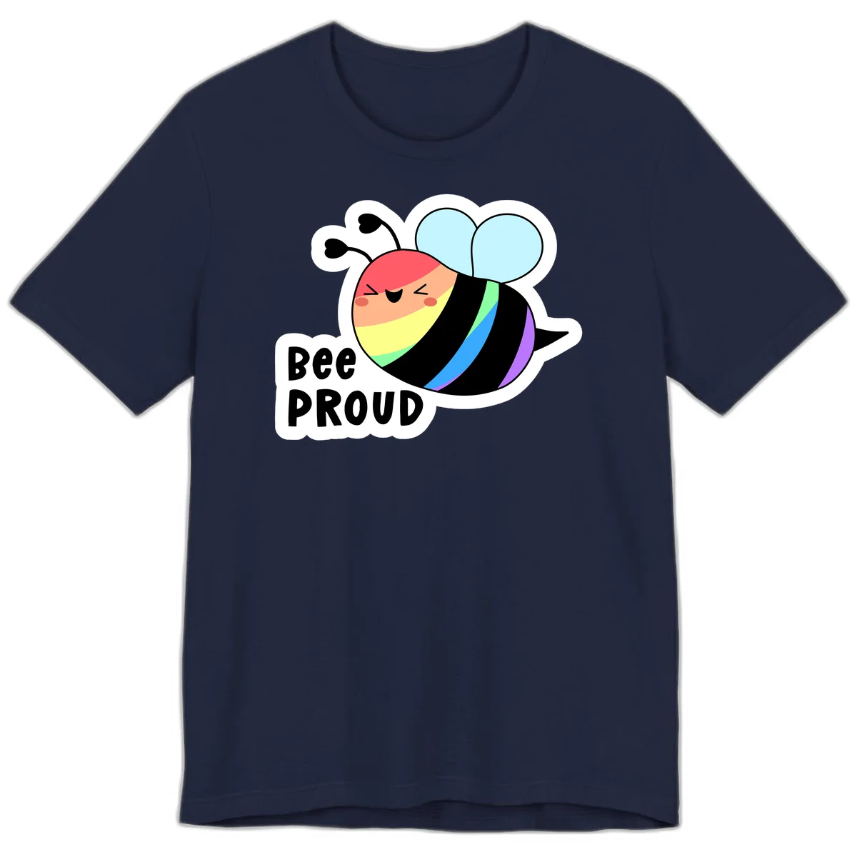 Cartoon bee with rainbow stripes and 'Bee PROUD' text celebrating LGBTQ+ pride in Navy
