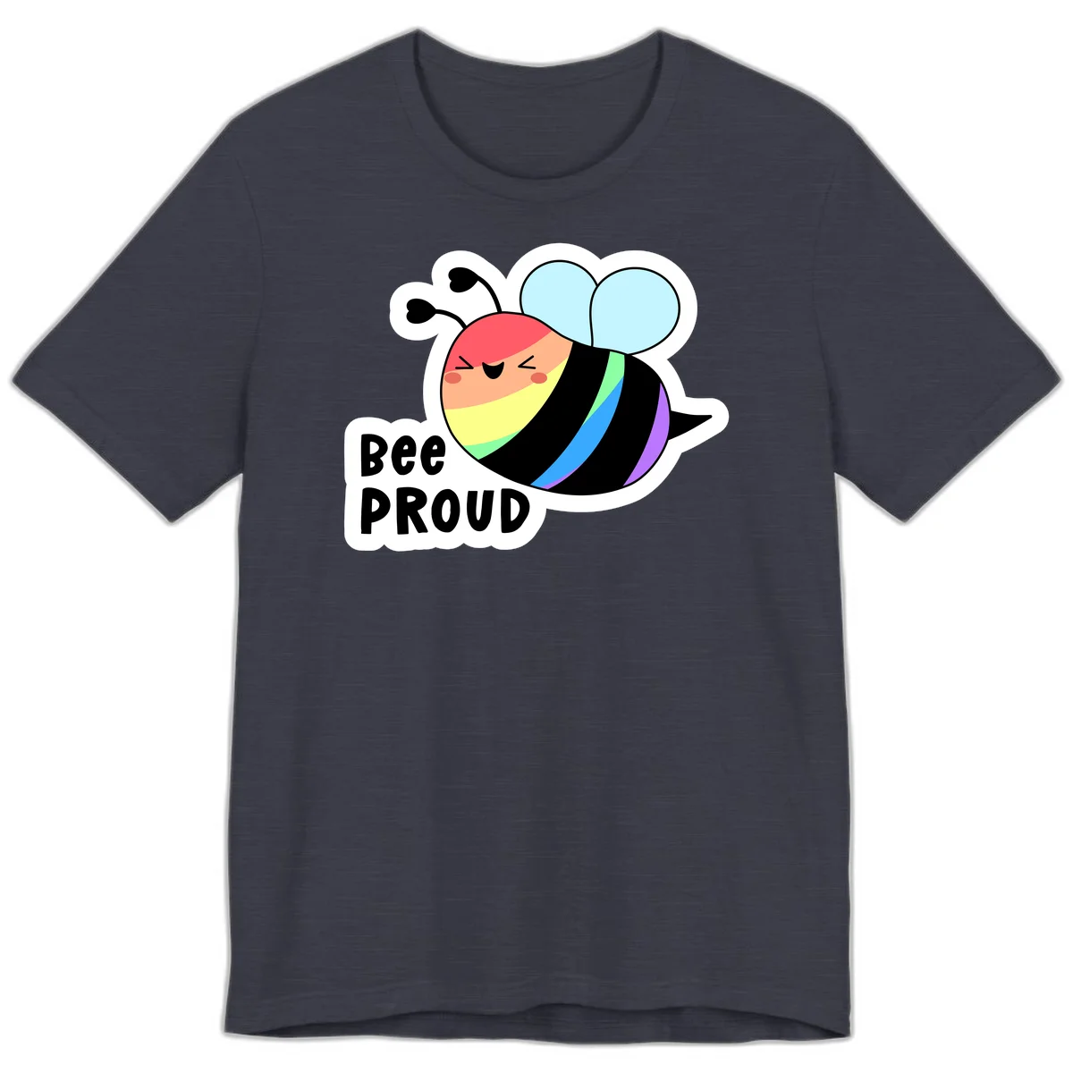 Cartoon bee with rainbow stripes and 'Bee PROUD' text celebrating LGBTQ+ pride in Heather Midnight Navy