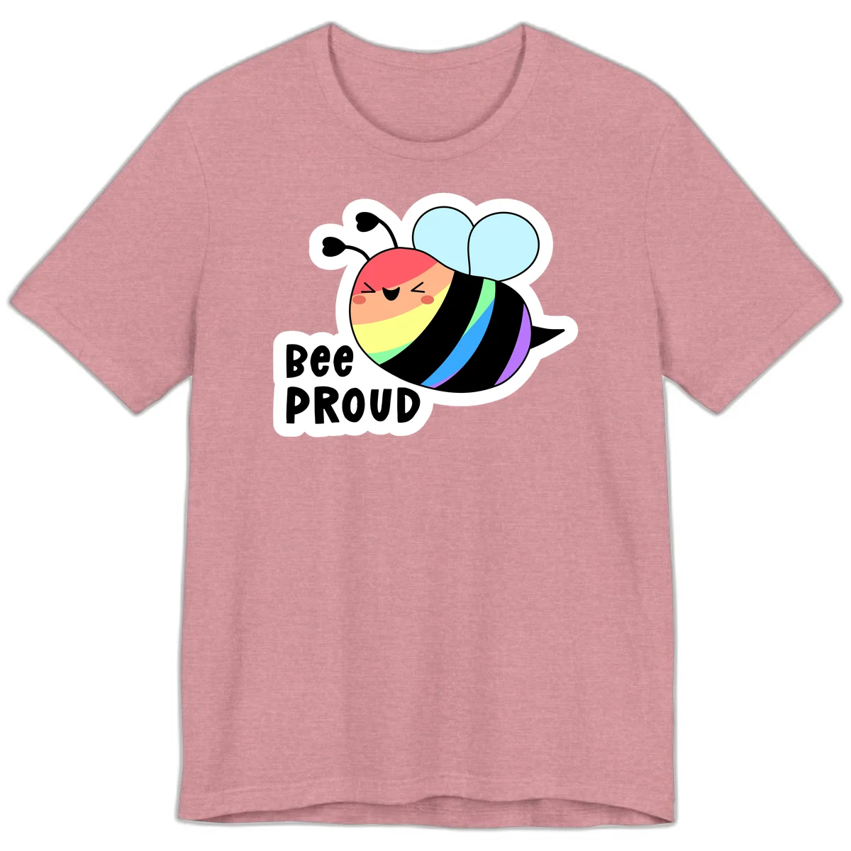 Cartoon bee with rainbow stripes and 'Bee PROUD' text celebrating LGBTQ+ pride in Heather Orchid