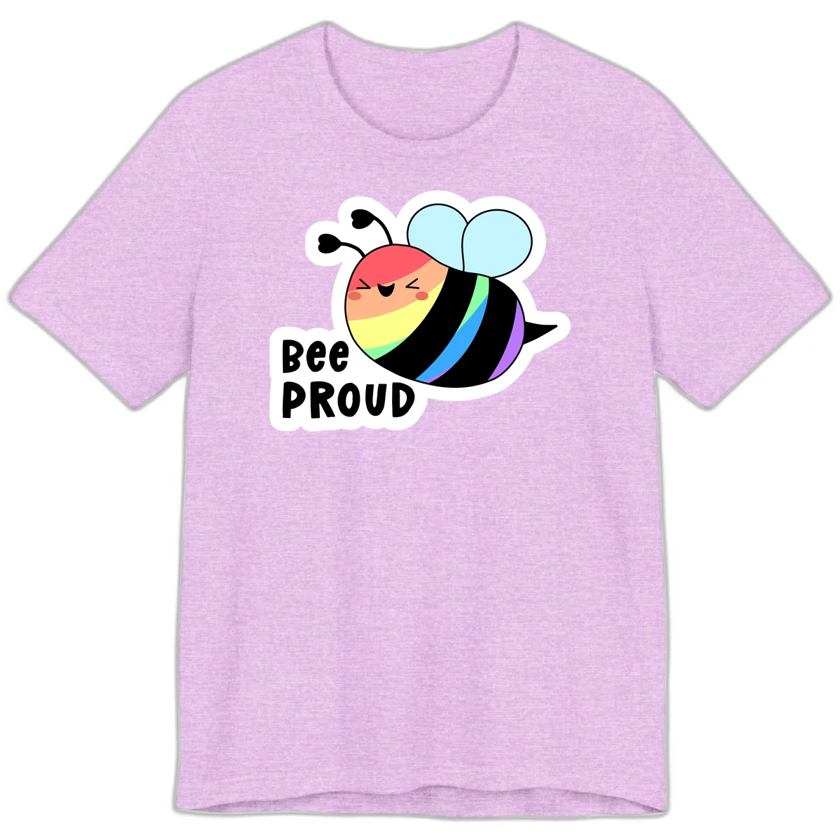 Cartoon bee with rainbow stripes and 'Bee PROUD' text celebrating LGBTQ+ pride in Heather Prism Lilac