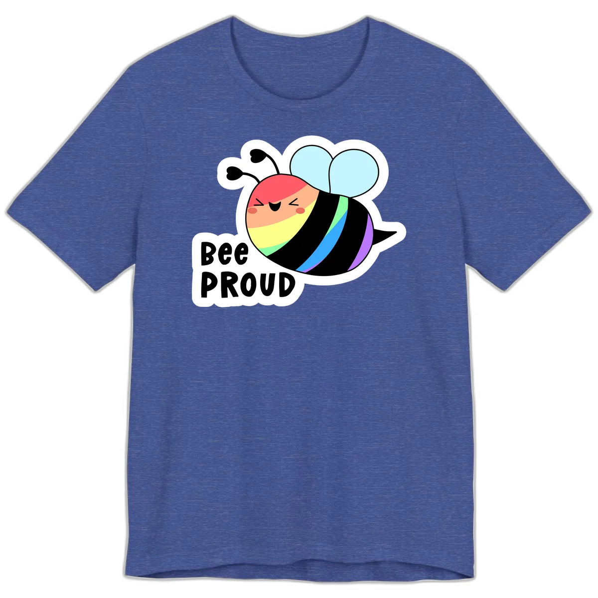 Cartoon bee with rainbow stripes and 'Bee PROUD' text celebrating LGBTQ+ pride in Heather True Royal
