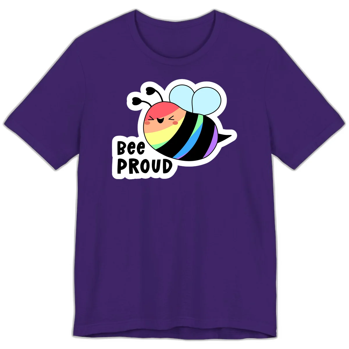 Cartoon bee with rainbow stripes and 'Bee PROUD' text celebrating LGBTQ+ pride in Team Purple