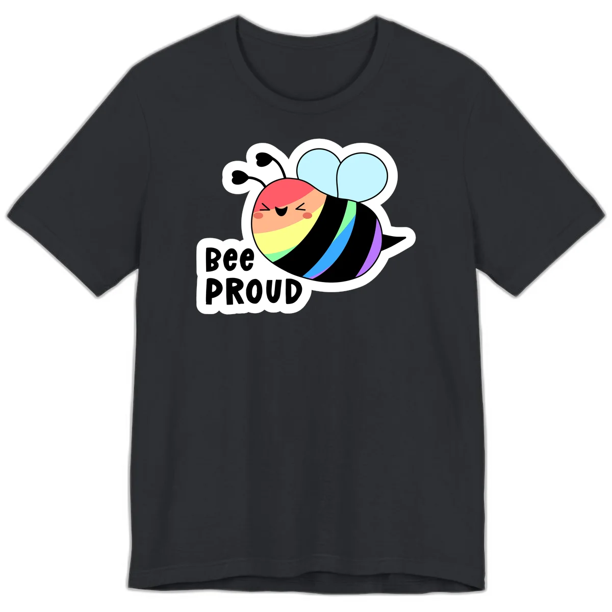 Cartoon bee with rainbow stripes and 'Bee PROUD' text celebrating LGBTQ+ pride in Vintage Black