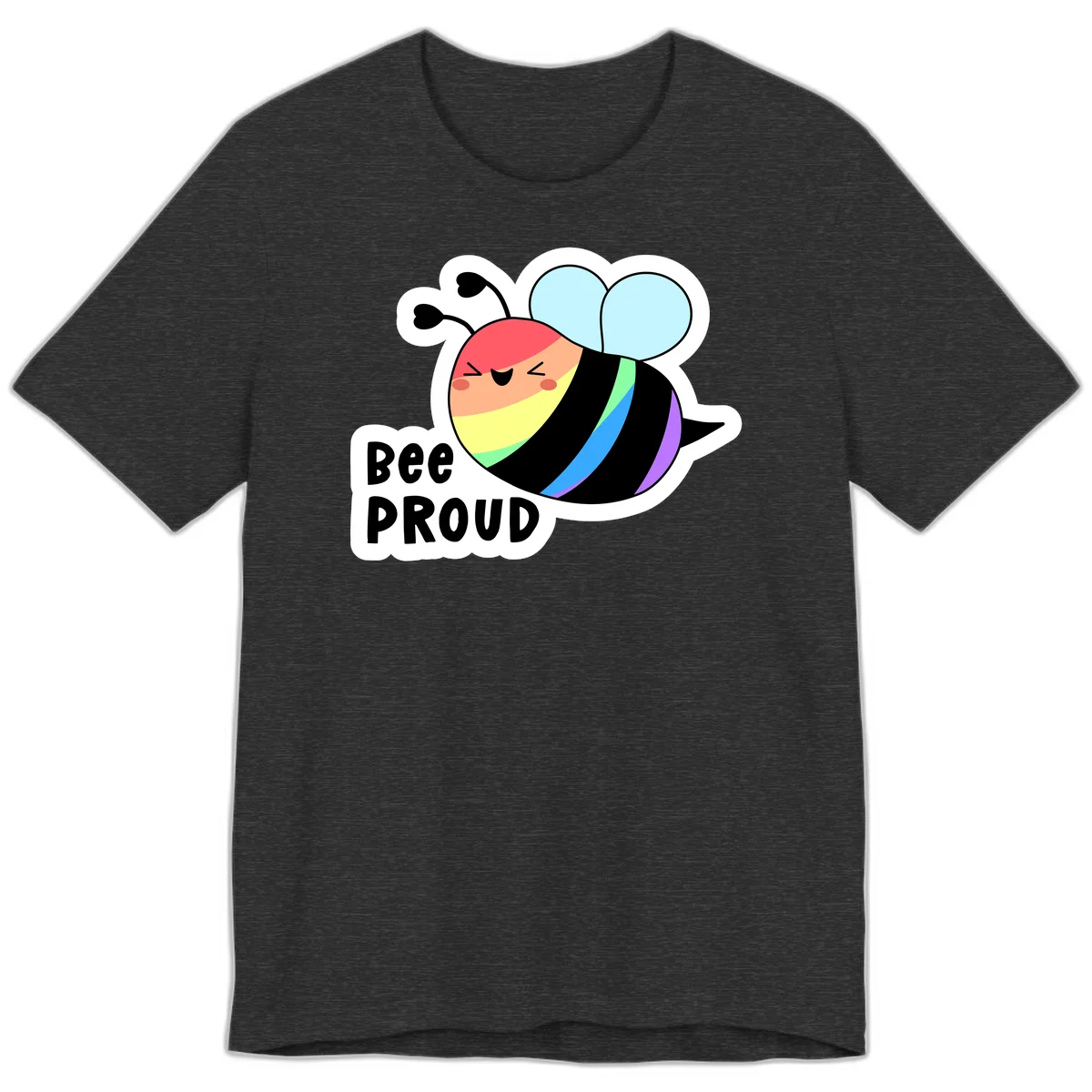Cartoon bee with rainbow stripes and 'Bee PROUD' text celebrating LGBTQ+ pride in Dark Grey Heather