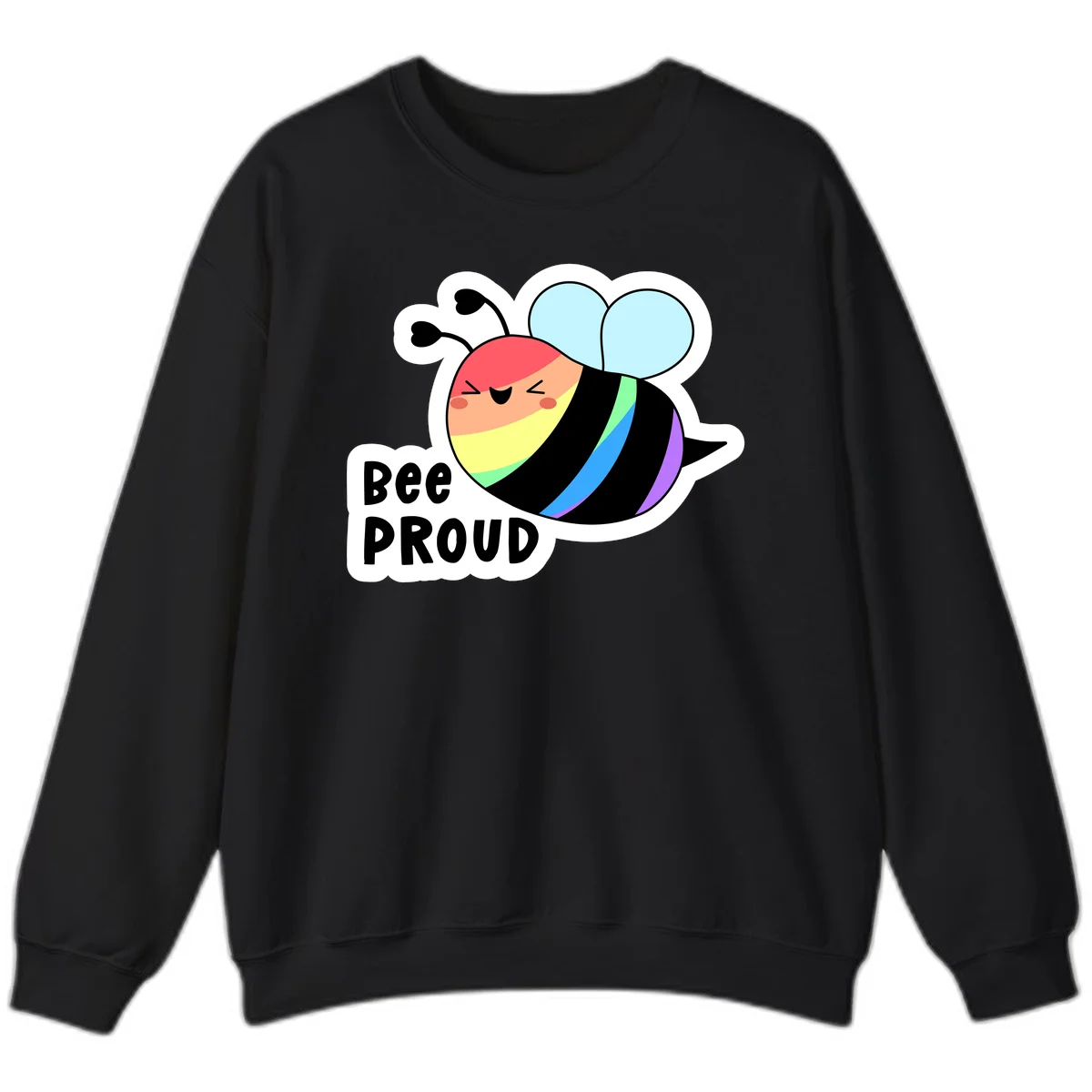 Cartoon bee with rainbow stripes and 'Bee PROUD' text celebrating LGBTQ+ pride in Black