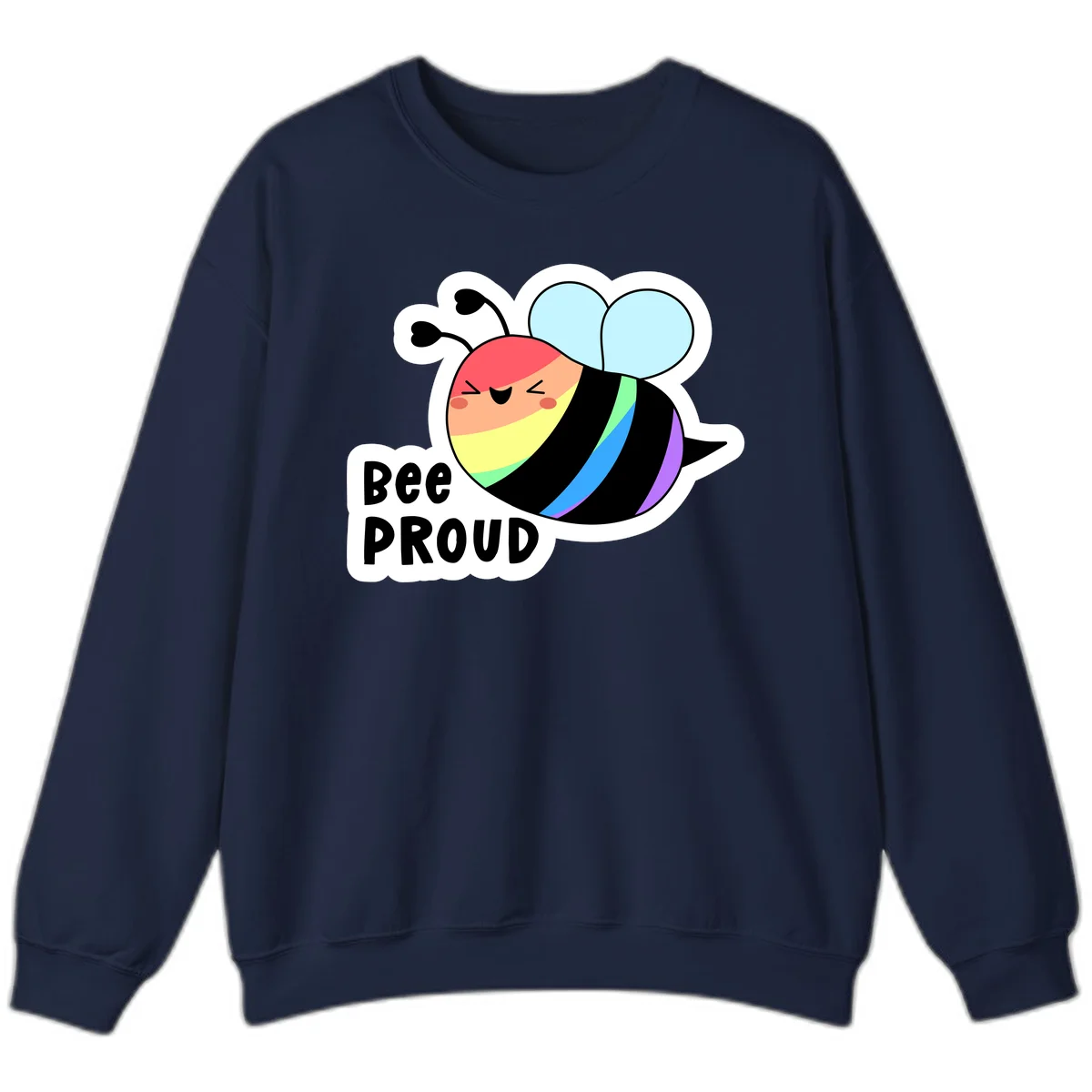 Cartoon bee with rainbow stripes and 'Bee PROUD' text celebrating LGBTQ+ pride in Navy