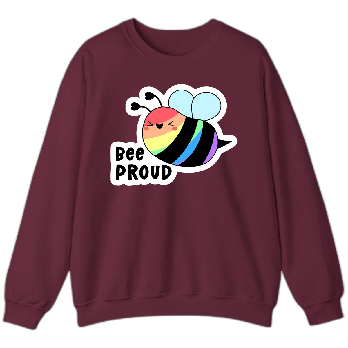 Cartoon bee with rainbow stripes and 'Bee PROUD' text celebrating LGBTQ+ pride in Maroon