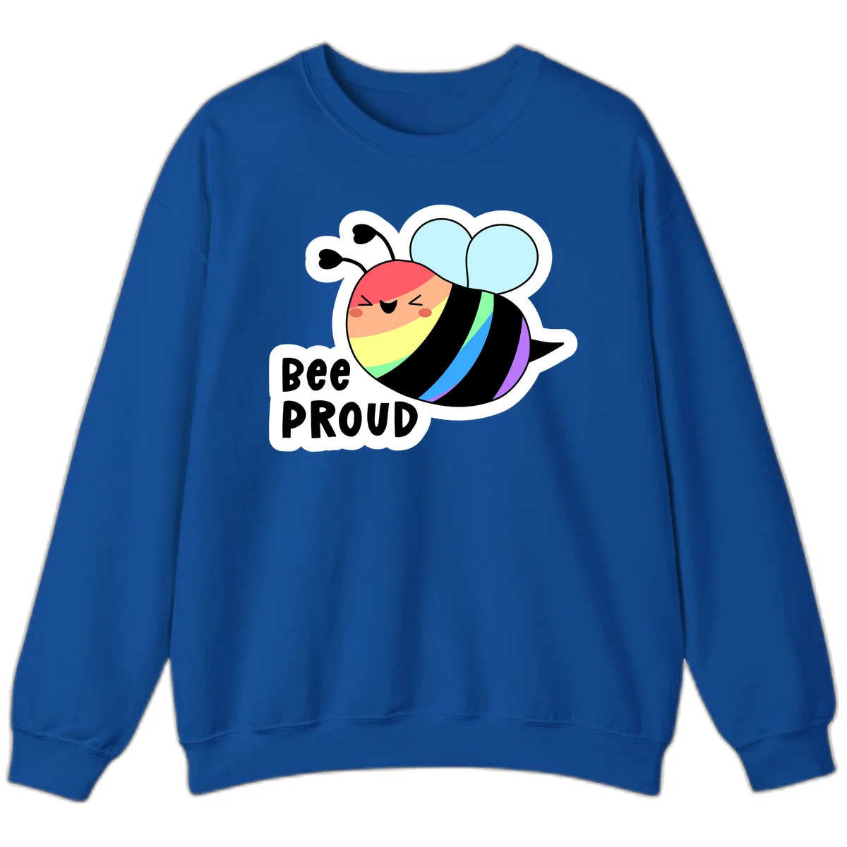 Cartoon bee with rainbow stripes and 'Bee PROUD' text celebrating LGBTQ+ pride in Royal