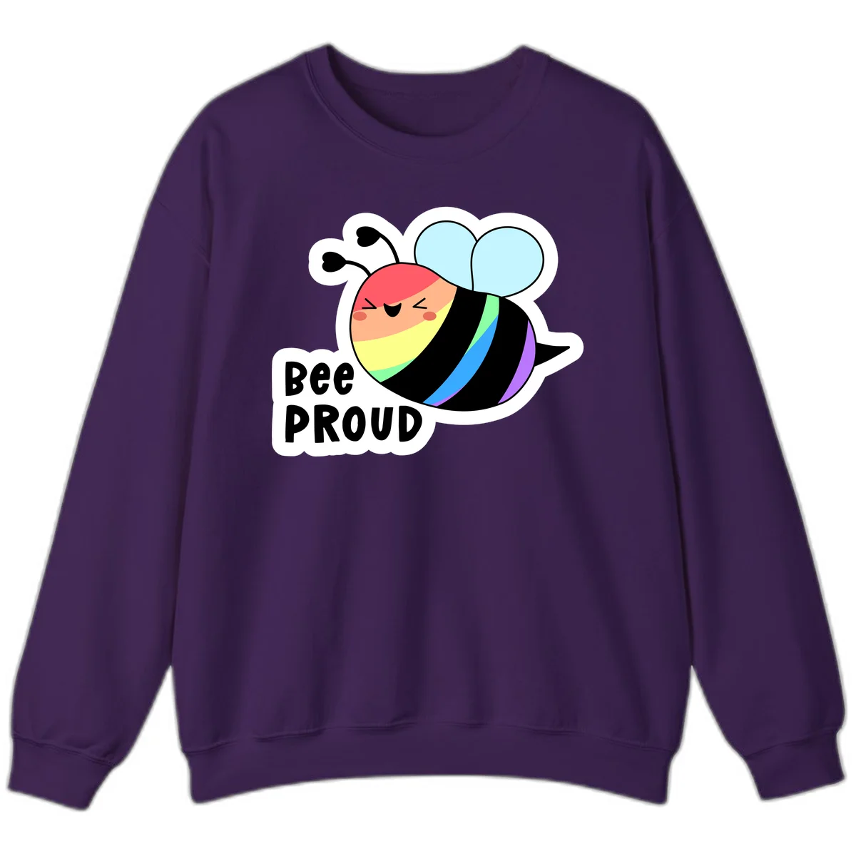 Cartoon bee with rainbow stripes and 'Bee PROUD' text celebrating LGBTQ+ pride in Purple