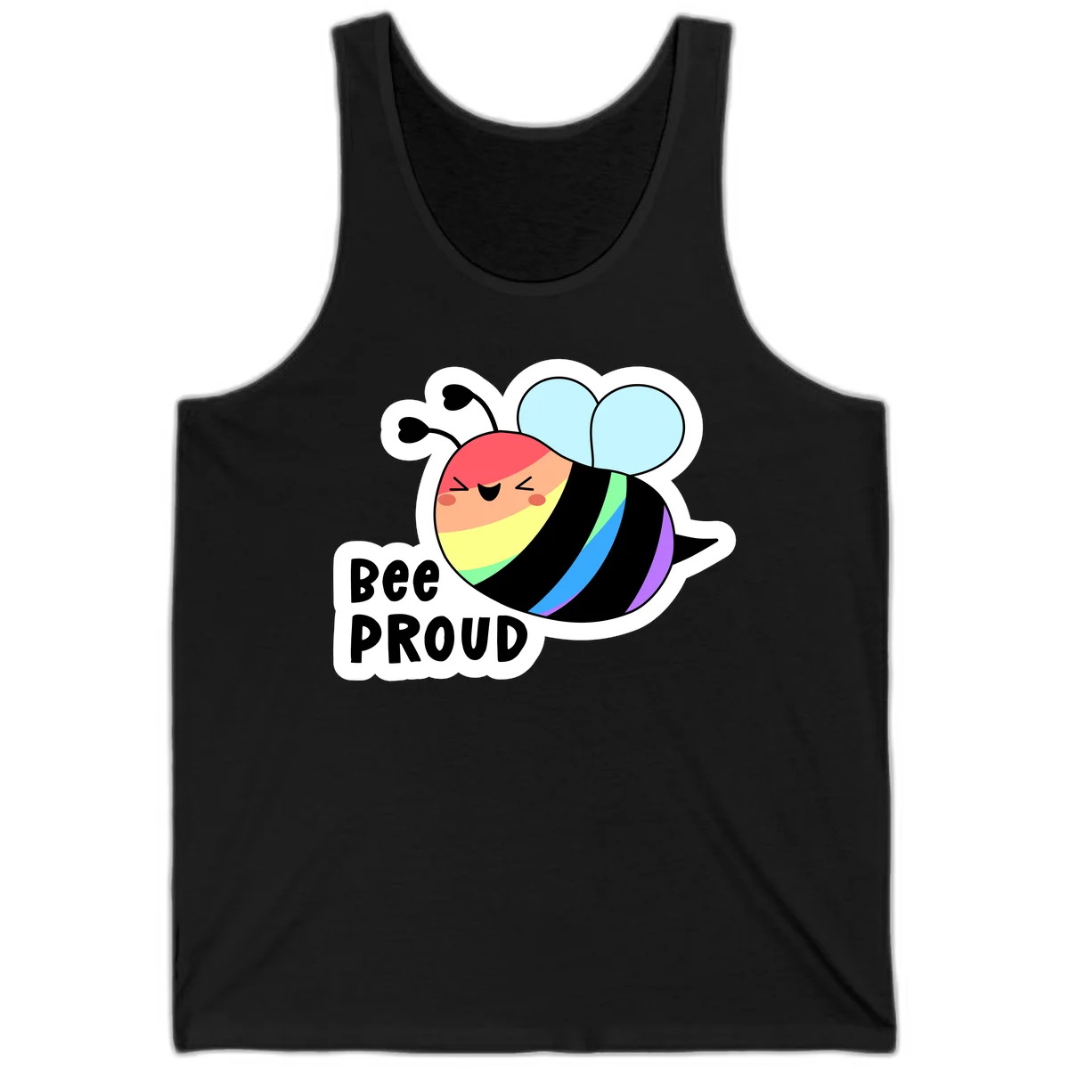 Cartoon bee with rainbow stripes and 'Bee PROUD' text celebrating LGBTQ+ pride in Black